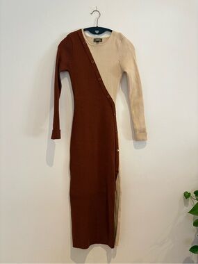 Colorblock Brown and Cream Rib-Knit Long Sleeve Dress